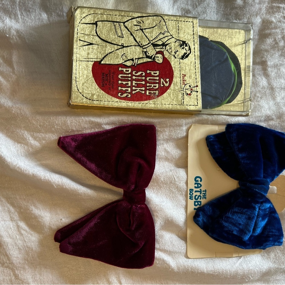 Bundle Vintage Elegant Red and Blue Velvet Ties and three vintage pocket puffs.